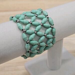 Mint Green Silver Geometric Bead For Life Recycled Paper Beaded Stretch Bracelet
